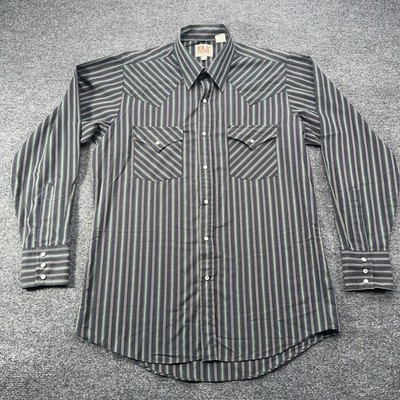 Ely Cattleman Western Striped Snap Shirt Black Green Long Sleeve Size 15.5 /34