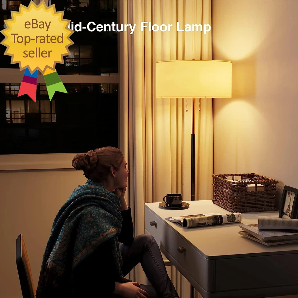 Lámpara de pie de mediados de siglo de 2 luces con pantalla de tela blanca Foto 3 de 4