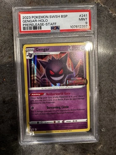 Super Rare 2023 POKEMON SWSH BLACK STAR PROMO PRERELEASE-STAFF #241 GENGAR PSA 9