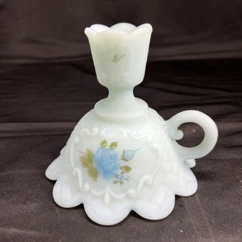 Fenton Burmese Blue Floral Candle Holder Artist Signed