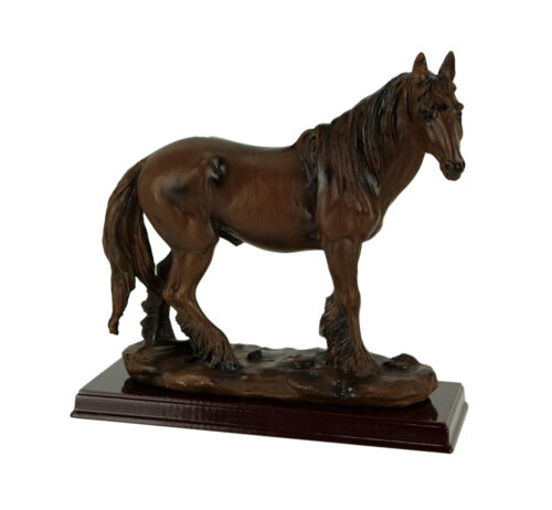Scratch & Dent Brown Feathered Foot Standing Horse Statue On Wood Base - Afbeelding 1 van 5