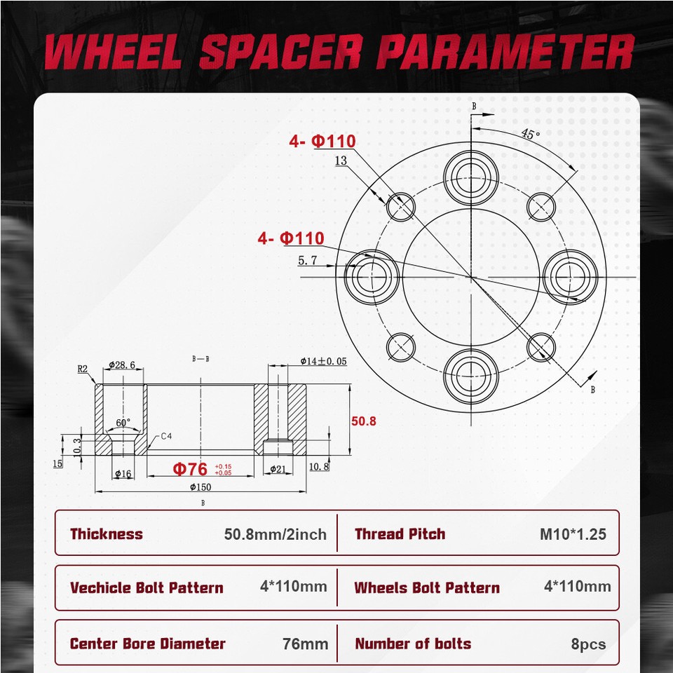 4PCS 2" 4X110 Wheel Spacers For Yamaha Grizzly 450 550 660 Kodiak 400