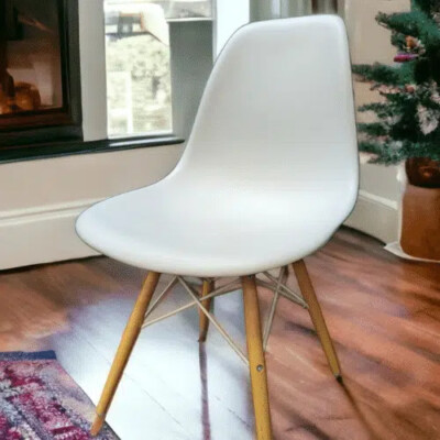 Herman Miller Eames White Plastic Side Chair w/ Wood Legs
