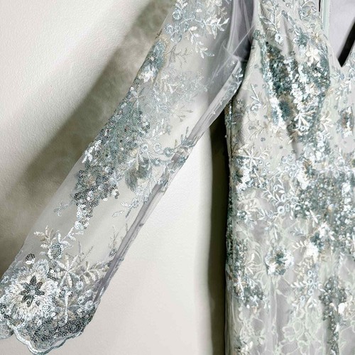 Mac Duggal 67539 Sea Mist Embellished Illusion V Neck Long Sleeve Gown 14 $698 - Picture 8 of 10