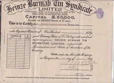 Burma SAVING 1931 ISSUED STOCK SHARE CERTIFICATE BY HEINZE