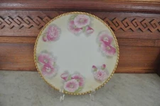T&V Tressemann & Vogt Limoges France White and Gold & Pink Flowers Cabinet Plate