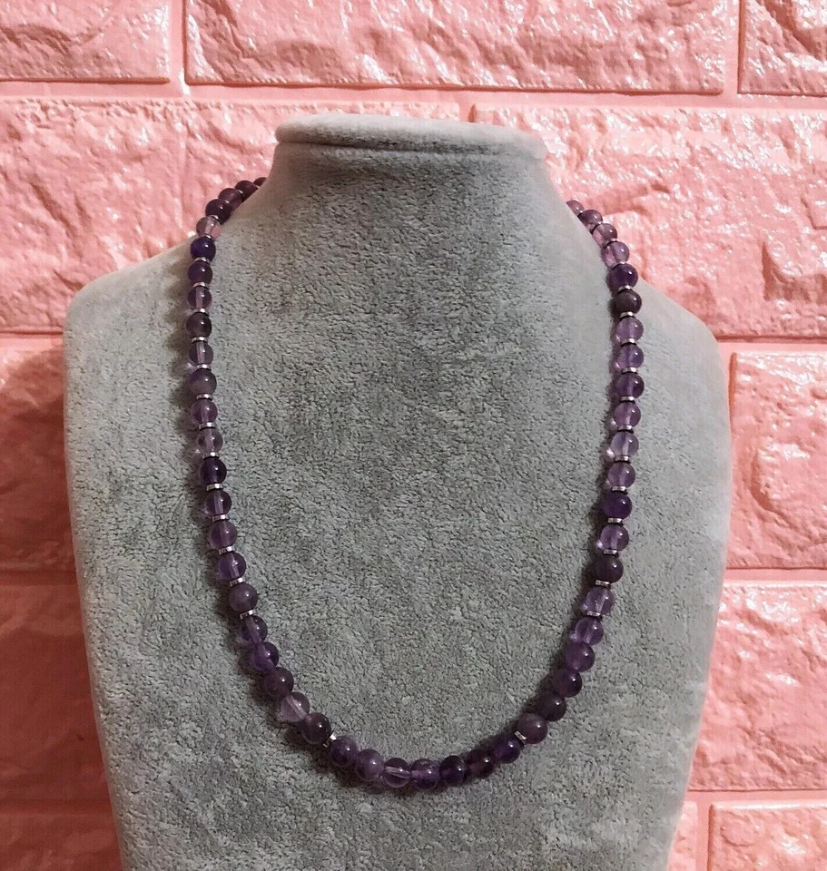 Collana Girocollo Uomo Pietra Naturale Ametista viola glicine lilla Ematite 6mm - Immagine 3 di 4