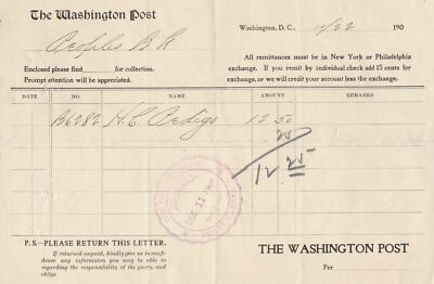 U.S. The Washington Post 1905 Washington D.C. Bezahlte Stornierechnung - Riss Rf 42931