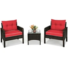 3 Pcs Outdoor Patio Rattan Conversation Set Garden Furniture Cushioned Sofa Red