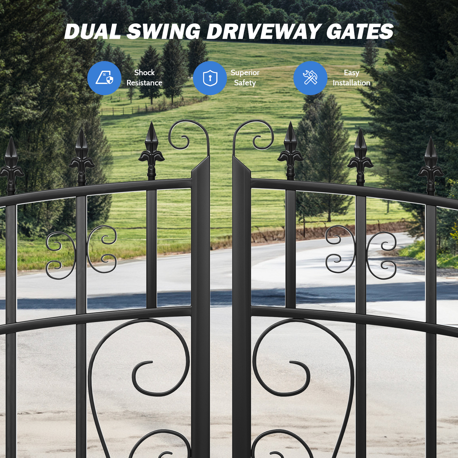 ZUMI 16x6 ft. Dual Swing Driveway Gates Outdoor Steel Swing Gates for Driveway