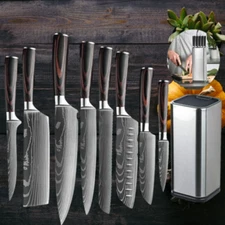 9 Pcs Chef Knives Set Damascus Pattern Stainless Kitchen Knife with Block Holder