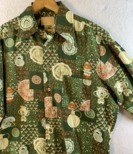 Vintage 70s Sears Mens Shirt Sz M Tiki Print Art Deco Daggar Grunge Rockabilly - Picture 6 of 13