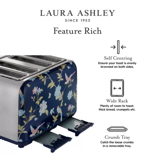 Laura Ashley Elveden Navy 1.7L Kettle & 4-Slice Toaster Set, Fast Boil, Defrost, - Picture 9 of 9
