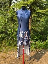 NEW Dark Blue Floral Print Faux Cape Stretch Bodycon Sheath Mini Dress Size XS