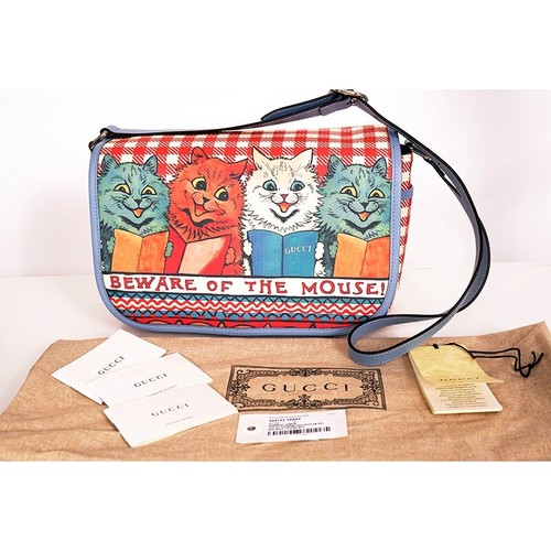 NEW GUCCI JUNIOR Coated Canvas LOUIS WAIN CAT BEWARE OF THE MOUSE Flap BAG NWT - Afbeelding 1 van 24