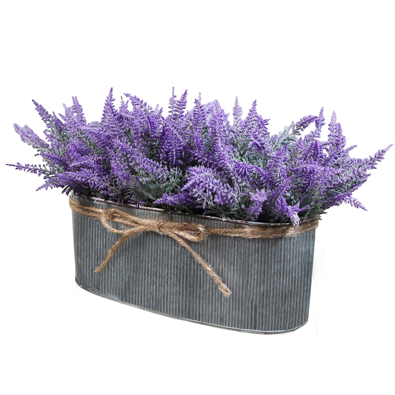 10 Inch Artificial Lavender Flower Arrangement in Rustic Oval Galvanized Meta...