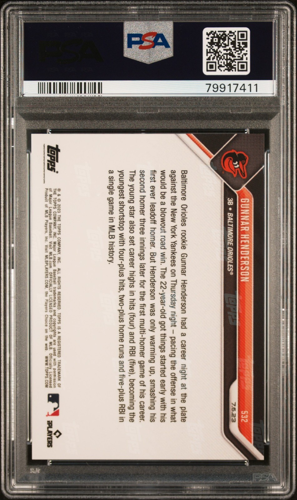 2023 Topps Now #532 Gunnar Henderson RC - PSA 10 view 2