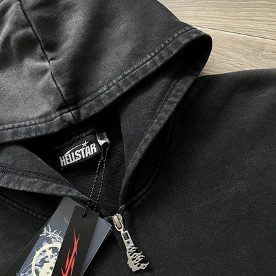 Hellstar FW24 Logo Zip Up Hoodie Wash Black Men Cotton Heavyweight