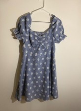 SHEIN Curve 0XL Blue Gingham Daisy Floral Puff Sleeve Fit & Flare Mini Dress