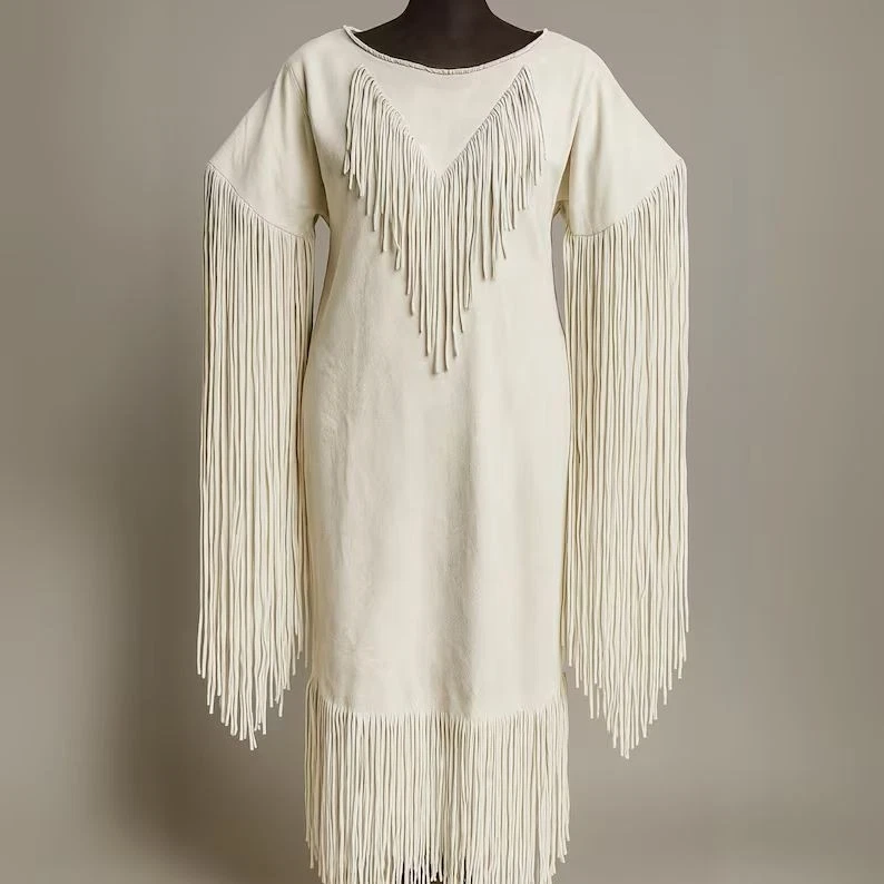Women White Leather Powwow Dress: Native American Regalia with Fringed & Beaded
