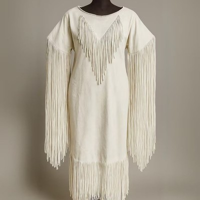 Women White Leather Powwow Dress: Native American Regalia with Fringed & Beaded