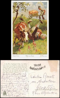 Postcard fairy tale fairy tale Hans in luck brothers Grimm cow 1928