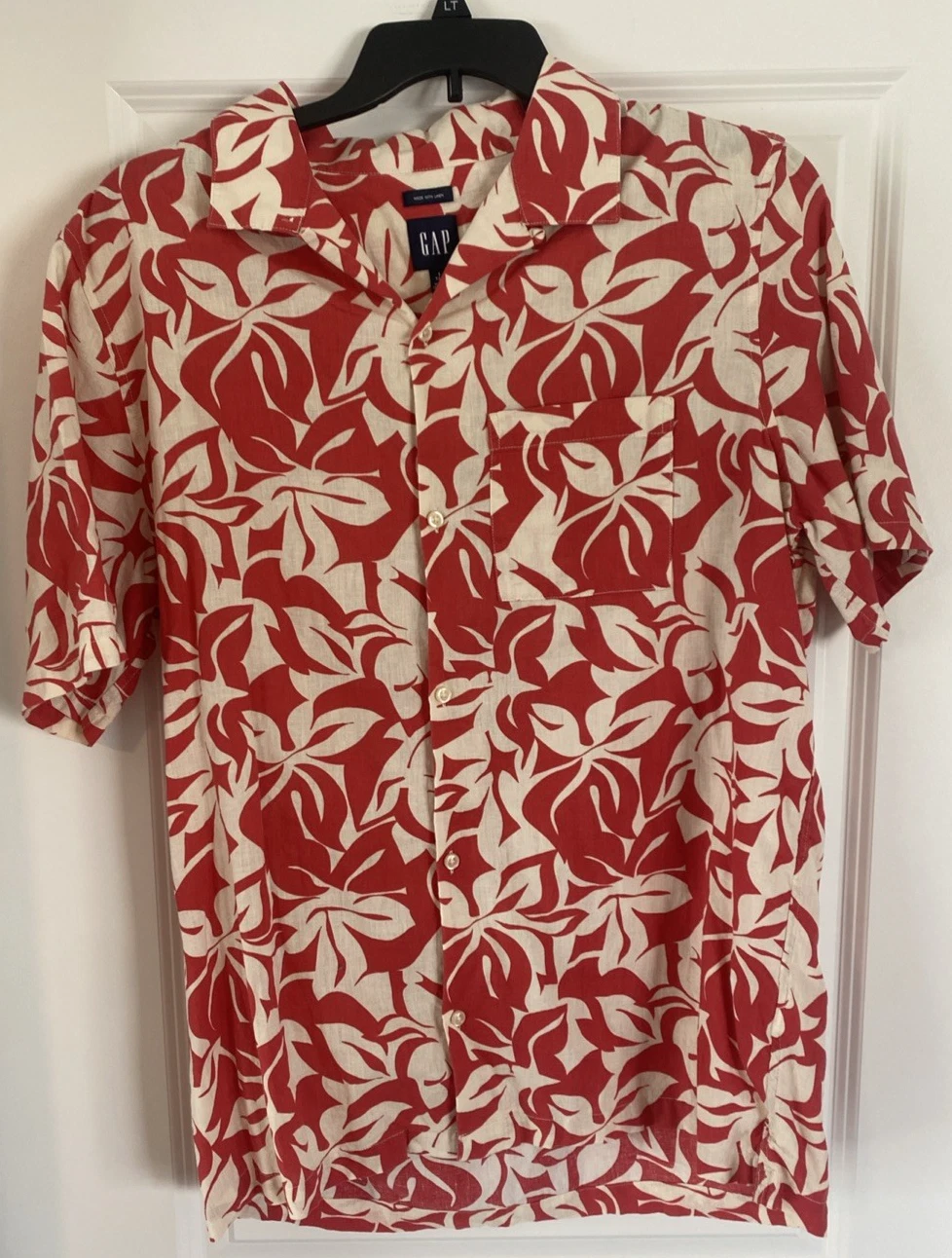 Gap Mens Sz LT Red Hawaiian Button Up Linen Floral Vacation Shirt