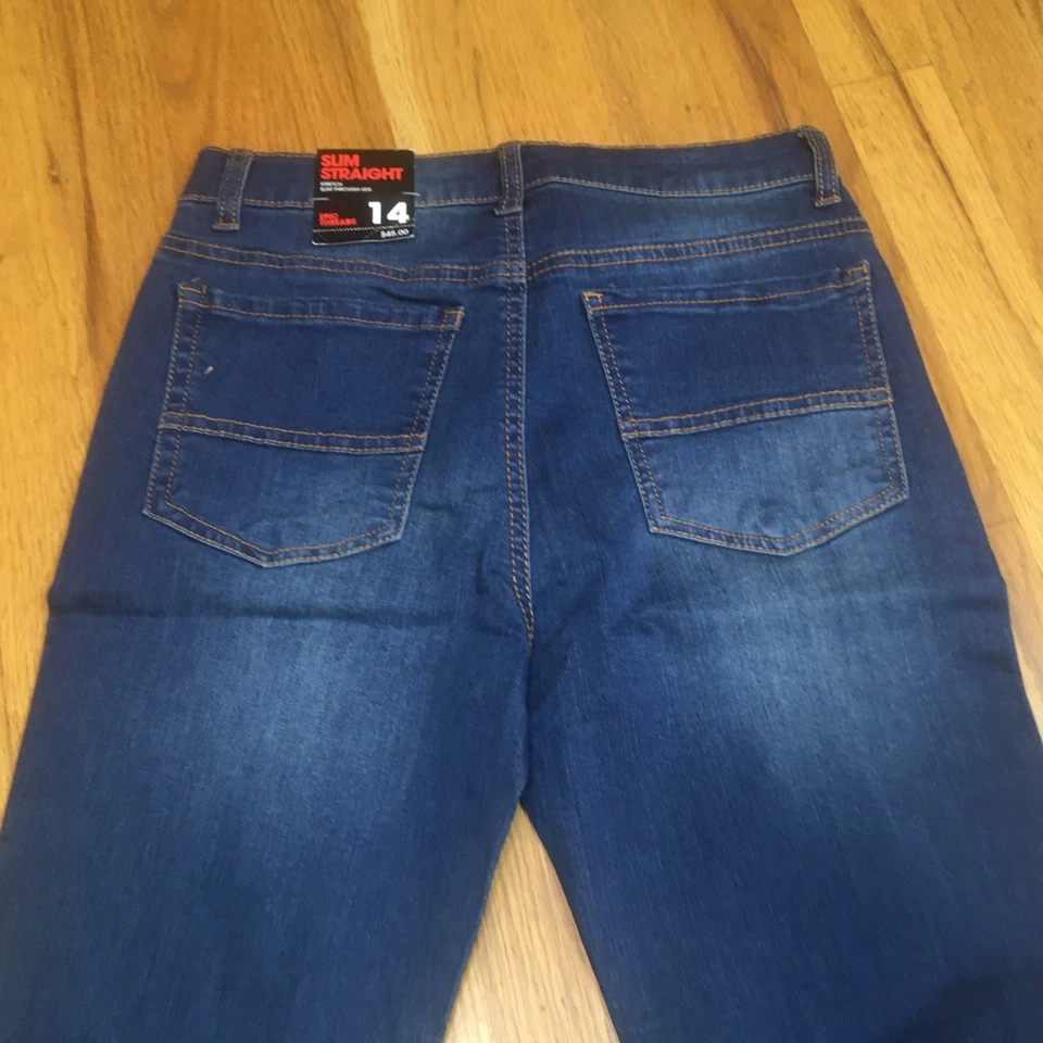 Pantalones de mezclilla Epic Threads ajustados rectos elásticos ajustados pierna trasera azules. Niños Talla 14 Foto 3 de 4