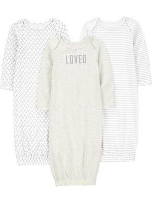 Unisex Babies' Cotton Sleeper Gown, Pack of 3, Grey/White, 0-3 Months