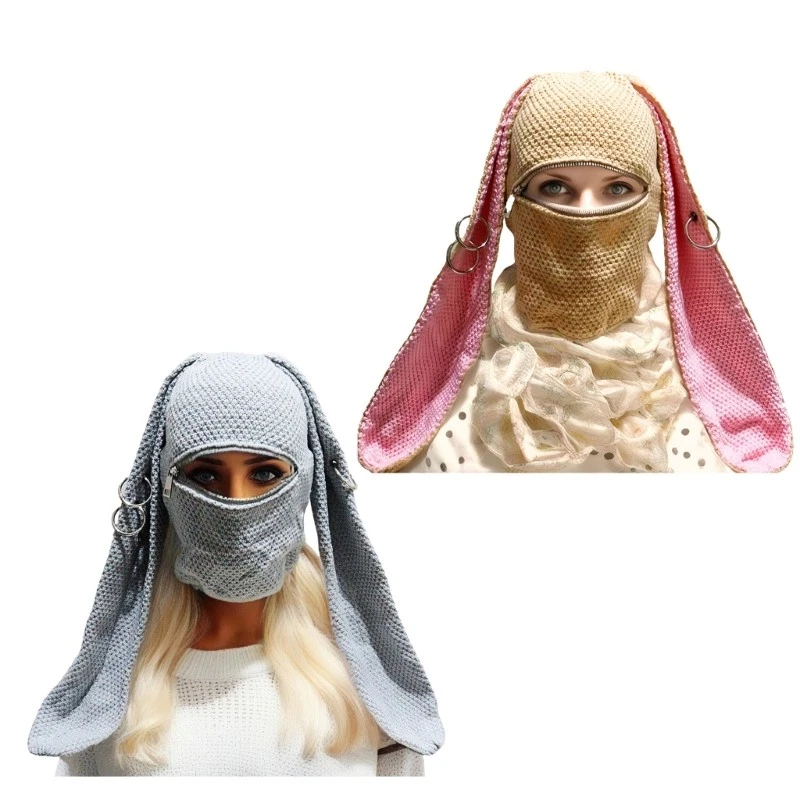 Rabbit Ears Knitted Hat Warm Balaclava Hat with Face Mask Women Winter Headwear