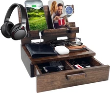 Gifts for Men Women Husband Son Boyfriend Him Nightstand Organizer Wood Phone