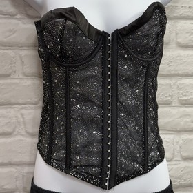 Sheer Bustier Corset Top L Lace Up Rhinestone Shimmery Lingerie Boned Push Up