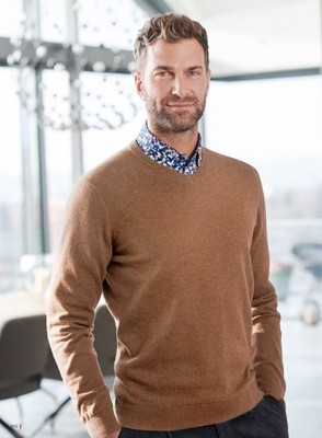 Marvelis Mens Wool Jumper Casual Fit V Neck Solid Brown