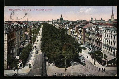 Mannheim, postcard, Kaiserring seen from the station, tram 1916 