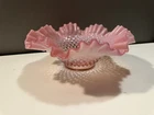 FENTON 10" Cranberry Pink Opalescent Double Crimped Ruffled Hobnail Bowl vintage