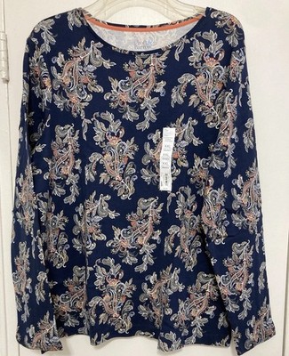 Women's Croft & Barrow  Essential Long-Sleeve Crewneck Shirt/ XXL/Navy Paisley