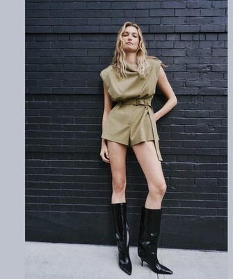 ZARA RARE VIRAL BLOGGERS FAVOURITE SHOULDER PAD BELTED KHAKI PLAYSUIT SIZE M NEW
