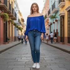 Women On/Off Shoulder Long Sleeve Flowy Top Blouse Blue Small NEW