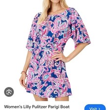 New Lilly Pulitzer Parigi Boat Neck Romper Shorts S Blue Pink Floral Short Sleev