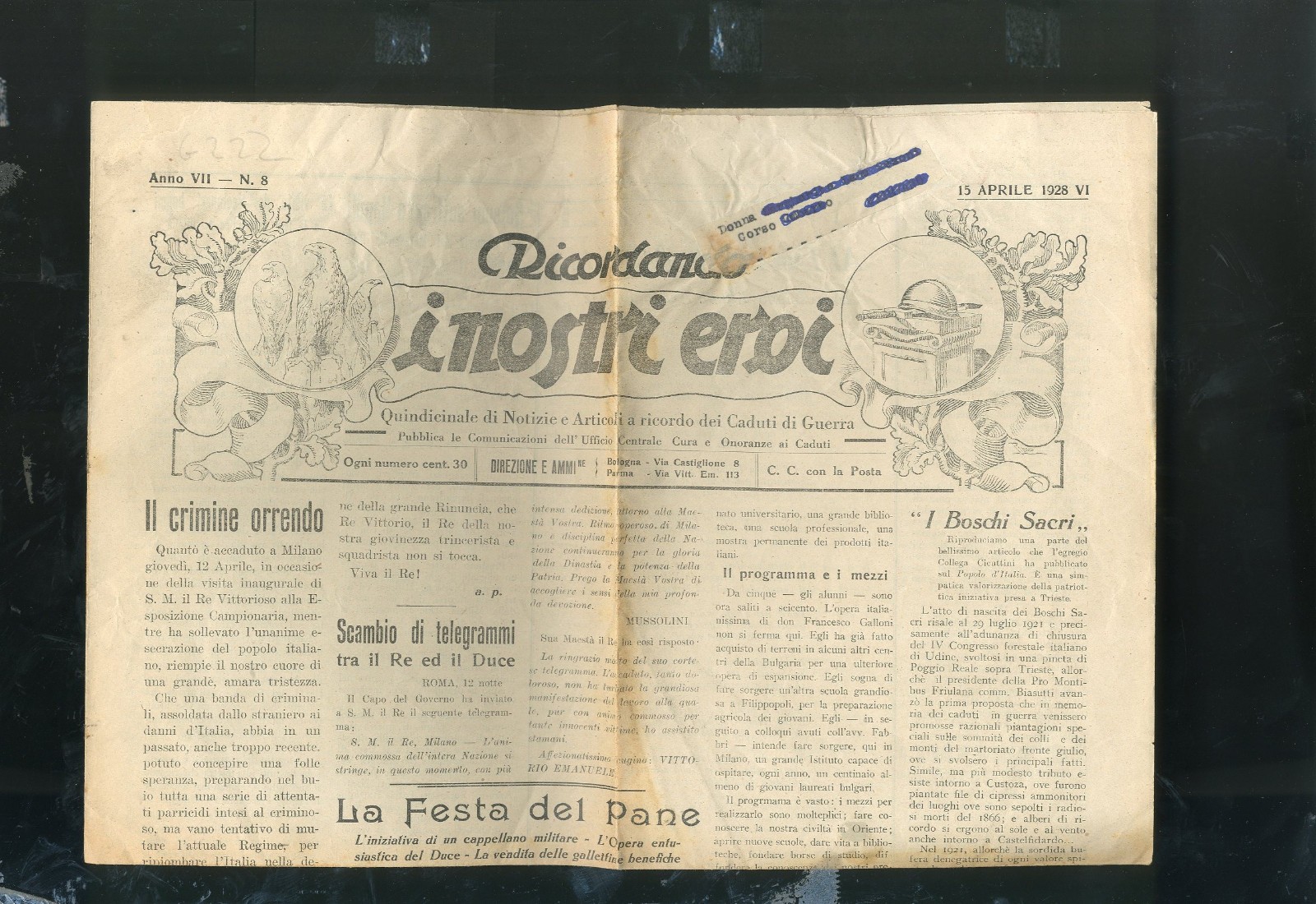 Giornale Ricordando I Nostri Eroi 1928 Prima Guerra La Festa del Pane g 222