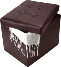 Foldable Faux Leather Storage Ottoman - Folding Foot Stool Foam Padded 17x13x13