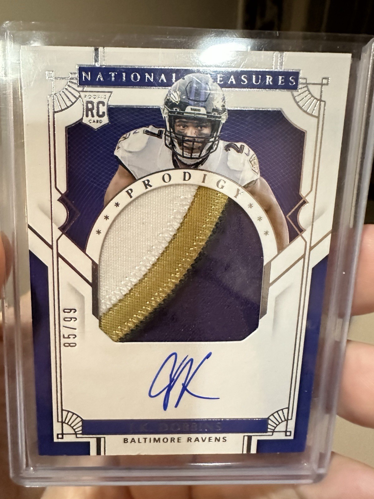 JK Dobbins RC - 2020 National Treasures 3 COLOR Rookie Patch AUTO # 85/99