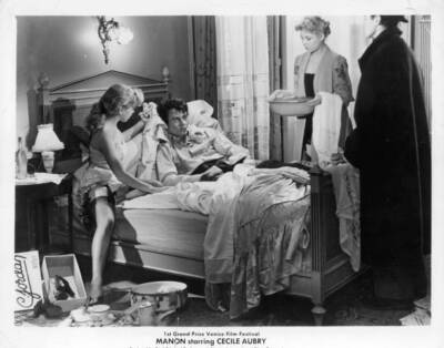 C�cile Aubry tending to Michel Auclair bed a scene film Manon 1949 Old Photo
