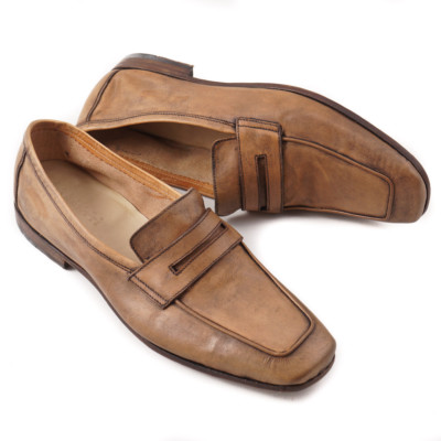 NIB $650 SILVANO SASSETTI Tan Distressed Leather Loafers US 8 (It 7) Shoes