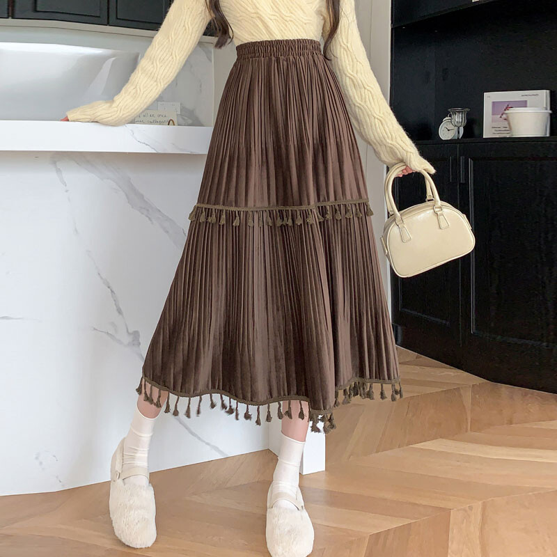 Lady French Pleated Skirt High Waist Draped A-line Skirt Tassel