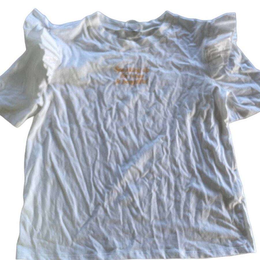 Zara White Graphic Ruffle Top Womens Small Speaking Up For Beauty  