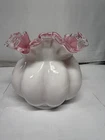 Fenton White & Pink Melon Vase Glass Ruffle Rim White Crest