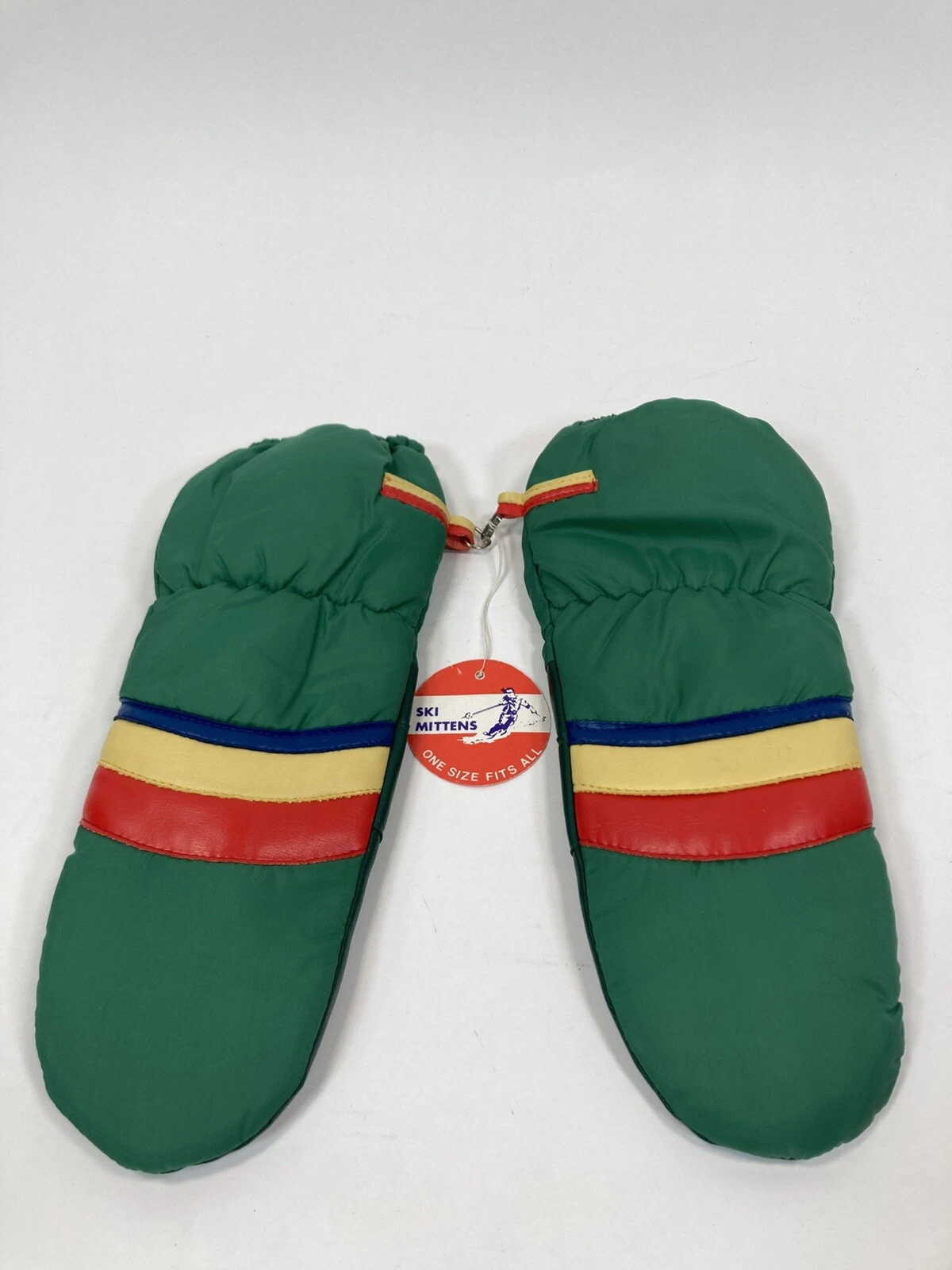 New Vintage Striped Green With Red/Yellow/Blue 1980s Insulated Mittens/Teen size
