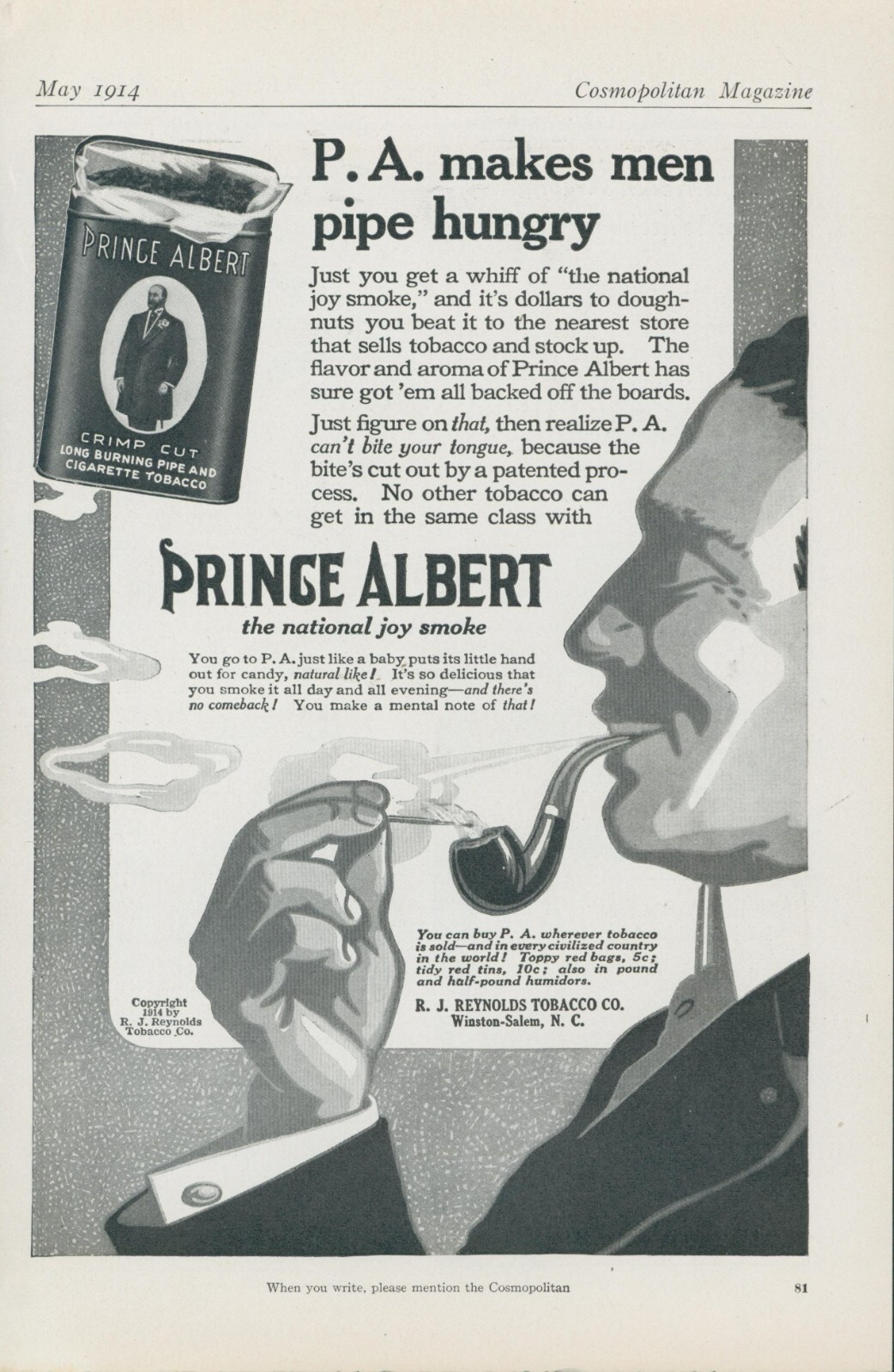 1914 Prince Albert Tobacco Man Lighting Pipe Hungry Tin Vintage Print Ad CO3