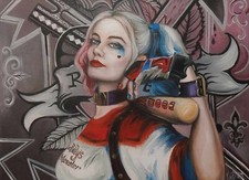 Retrato Harley Queen, obra de arte original, pintura acrílica, REGALO DE ARTE 16×12 pulgadas